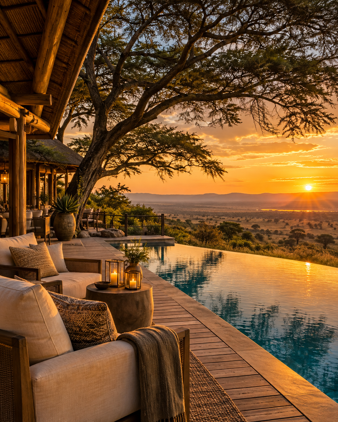 Luxury safari lodge at sunset